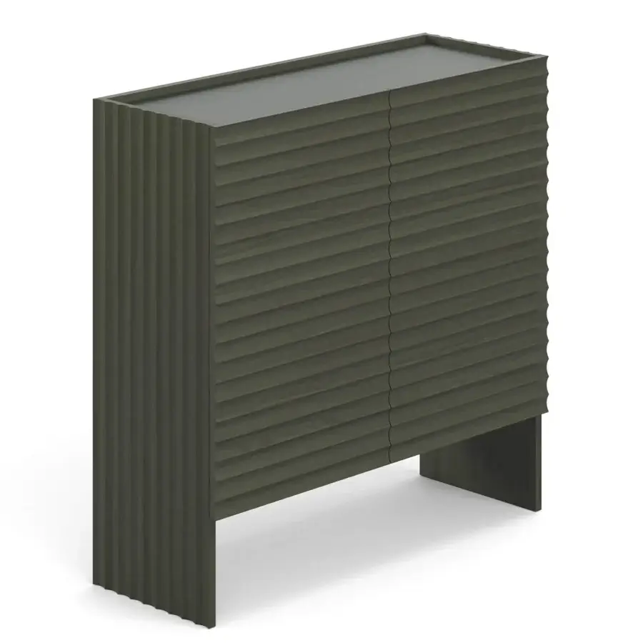 Exclusive Moroso Rows cupboard with linear forms, ribbed detailing in dark green-grey oak veneer and matte finish