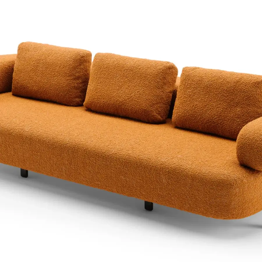 Exceptional Turri Roma sofa with warm orange textured textile and graphite gray metal feet