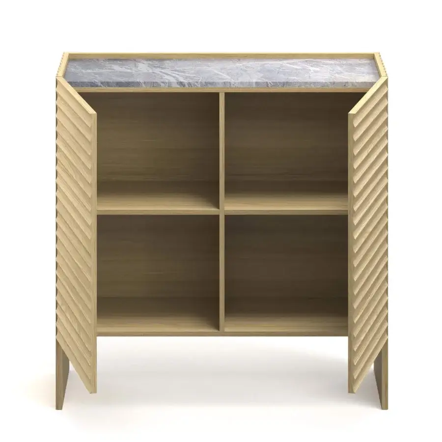 Distinguished Moroso Rows cupboard with chevron doors and geometric silhouette in natural oak veneer with gray marble top