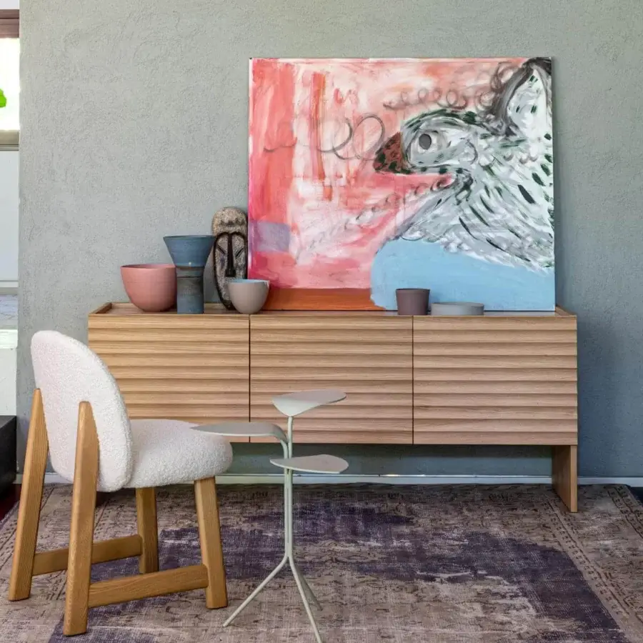 Superior Moroso Rows sideboard crafted with oak veneer and marble or glass top exhibiting linear forms