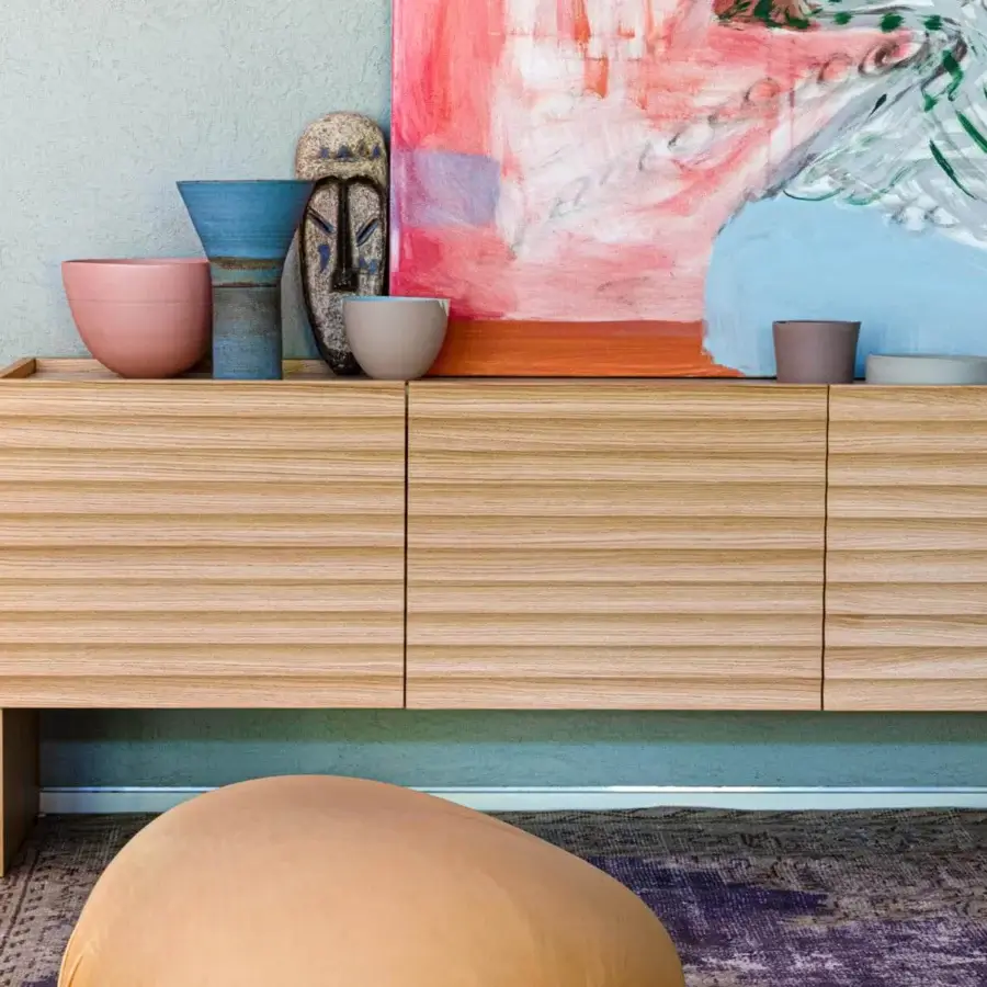 Distinguished Moroso Rows sideboard crafted in veneered oak with horizontally-grooved cabinet doors and a light-toned finish
