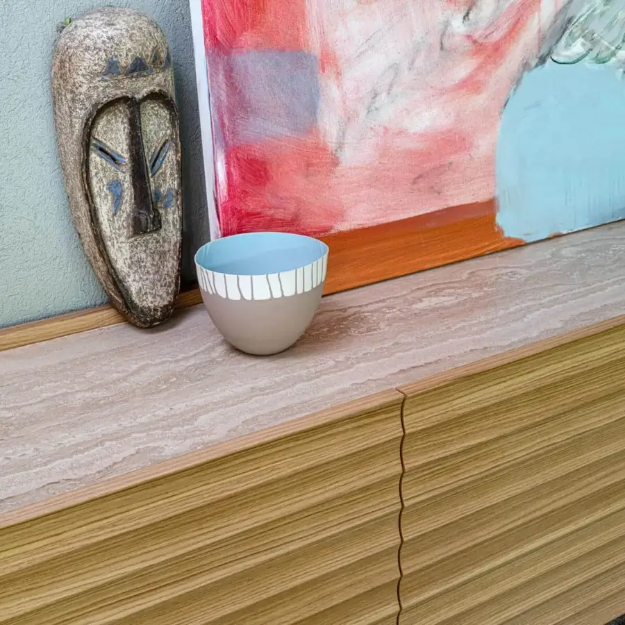 Exceptional Moroso Rows sideboard crafted in oak veneer with a light-colored stone or composite top exhibiting refined symmetries