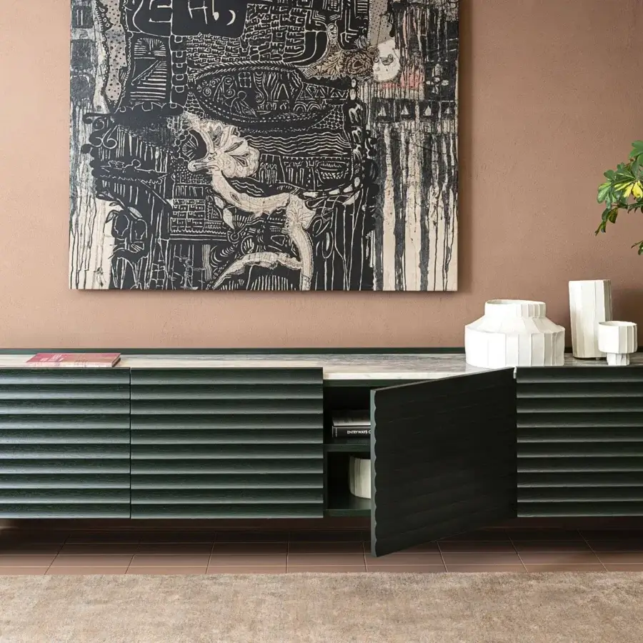 Distinguished Moroso Rows sideboard crafted with veneered oak and reeded doors in a dark green finish
