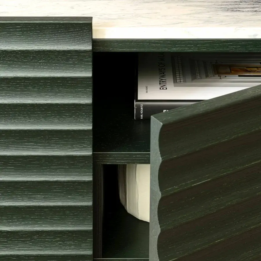 Elegant Moroso Rows sideboard built with oak veneer in dark green and a contrasting light marble top