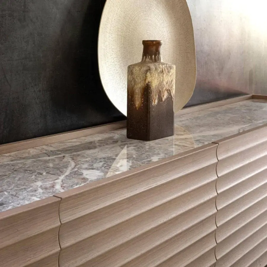 Exclusive Moroso Rows sideboard with oak veneered MDF and a marble top displaying grey, white, and brown tones