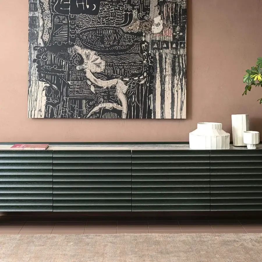 Elegant Moroso Rows sideboard with dark green oak veneered MDF and a light-colored top in matte finish