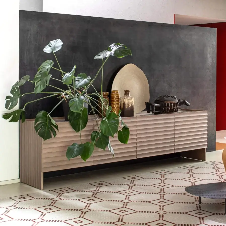 Distinguished Moroso Rows sideboard with light brown matte oak veneer and parallel grooves creating a textured front