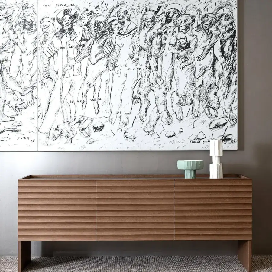 Superior Moroso Rows sideboard crafted in oak veneered MDF with horizontally grooved panels and uniform brown finish