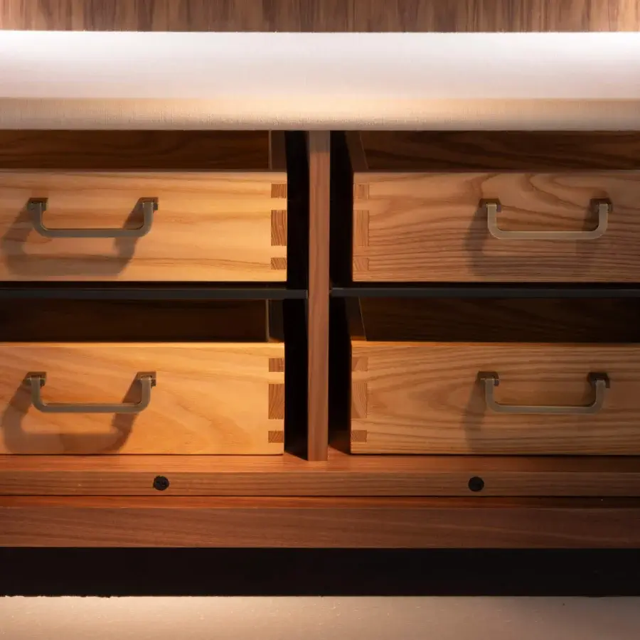 Exceptional Bellavista Sting sideboard crafted in light-toned oak with dovetail joint drawers and fabric-covered shelves