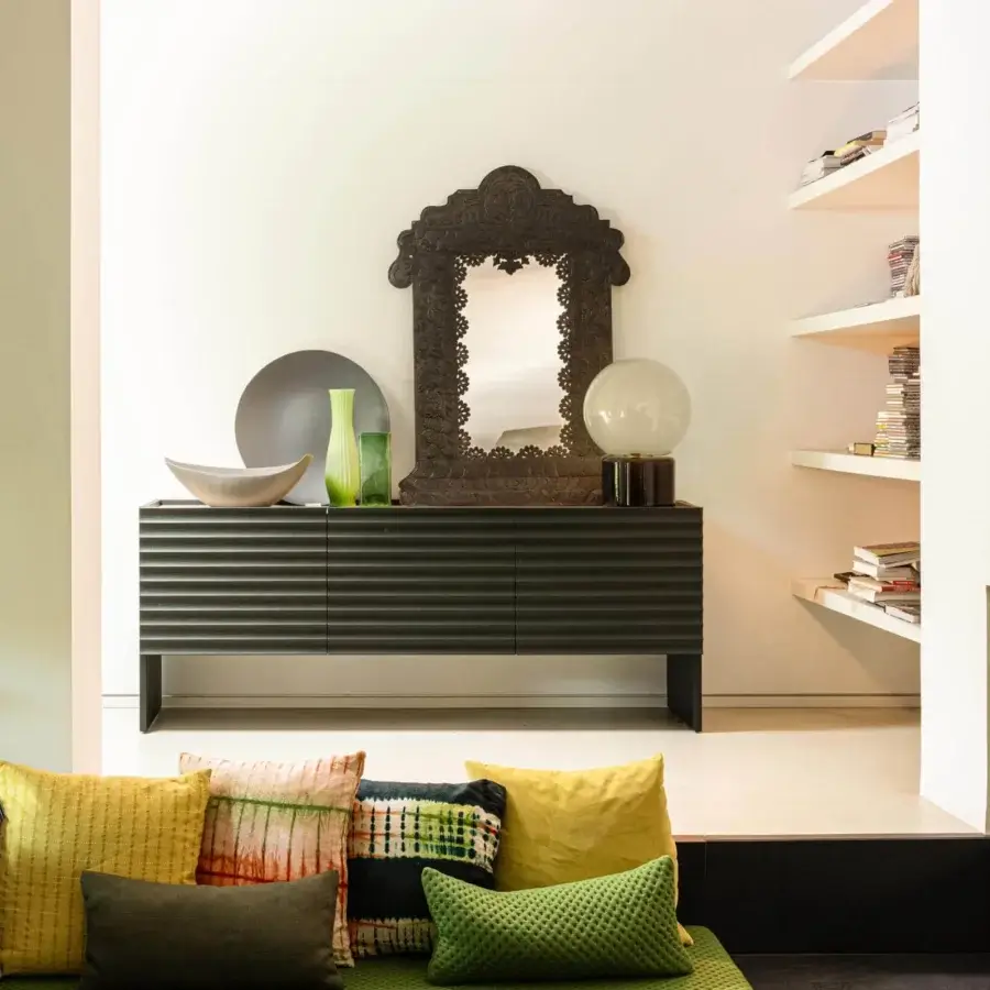 Sophisticated Moroso Rows sideboard in dark tone veneered MDF oak with horizontal grooves adorning the doors