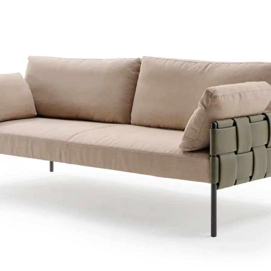 Distinguished Turri Ratio sofa with woven olive green leather and smooth beige fabric upholstery for exceptional comfort