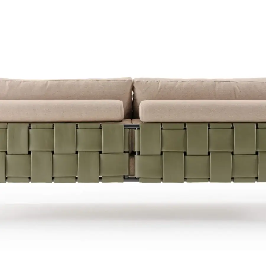 Superior Turri Ratio sofa with woven olive green leather-like base and beige textured cushions exhibiting metal support construction