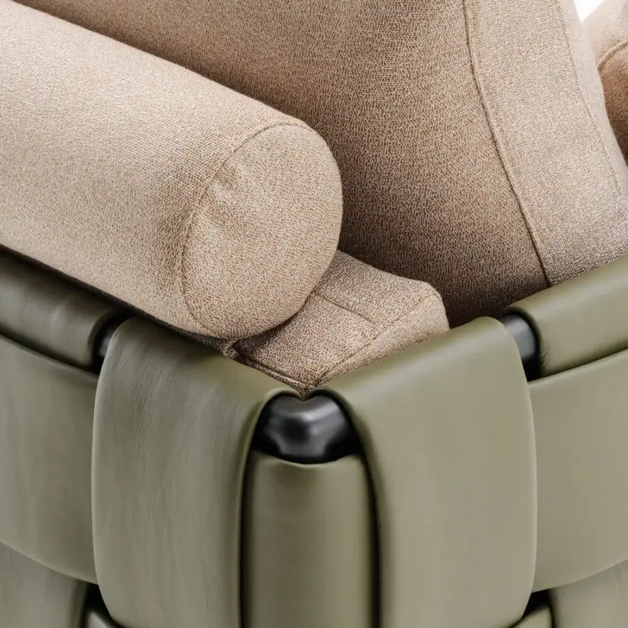 Exclusive Turri Ratio sofa with woven olive green leather structure and independent beige textured cushions built with black supports