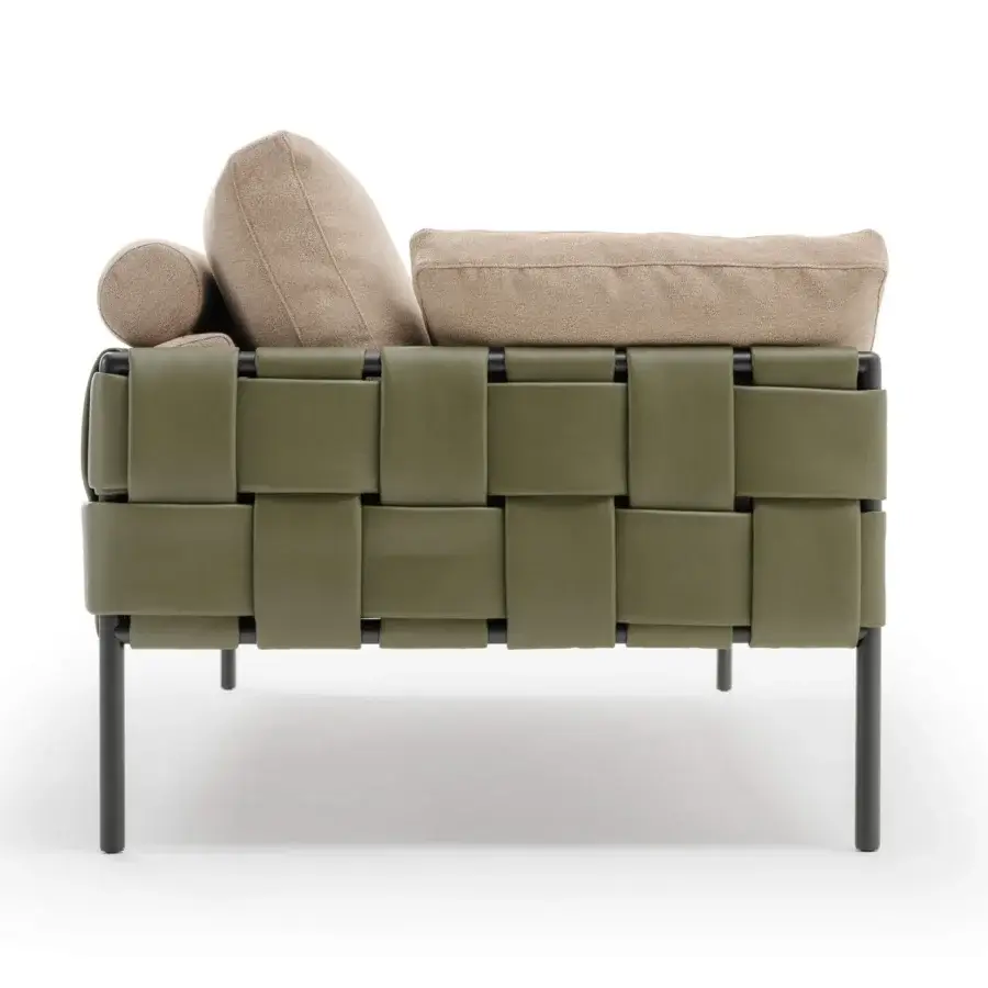 Distinguished Turri Ratio sofa with woven olive-green leather and light beige textile cushions supported by a dark metal framework