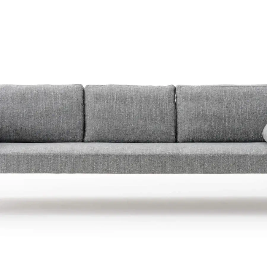 Elegant Turri Ratio sofa with woven leather structure and gray textured textile upholstery with black metal legs