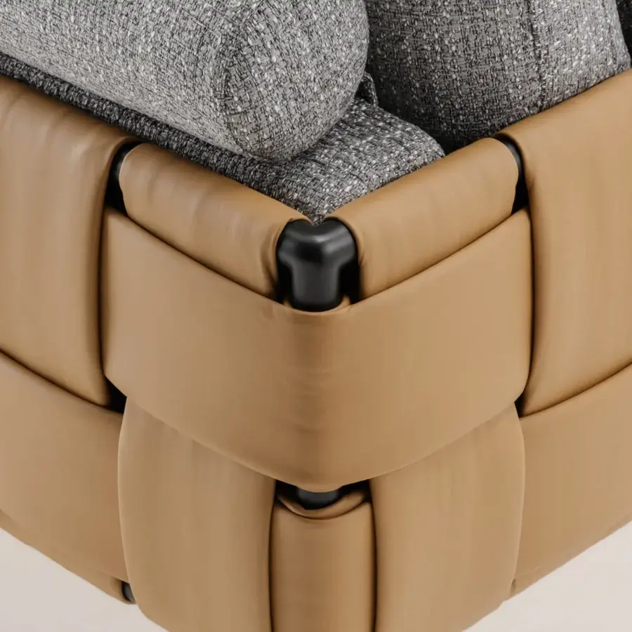 Superior Turri Ratio sofa with light tan woven leather, gray textured cushions and matte black metal legs