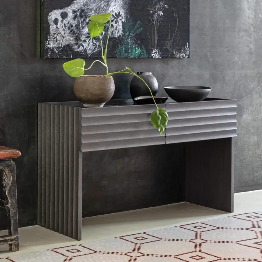 Distinguished Moroso Rows console with veneered oak and horizontal grooves in dark gray matte finish crafted in Italy