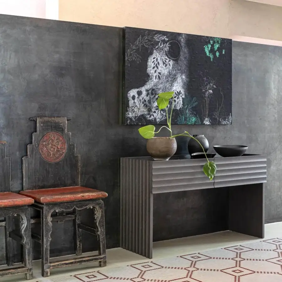 Sophisticated Moroso Rows console crafted with oak veneer in dark gray, exhibiting a slatted texture and matte finish