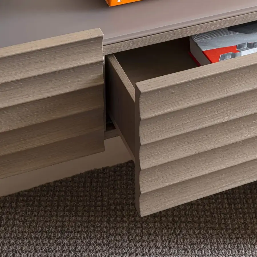 Distinguished Moroso Rows console crafted with ribbed veneered oak and a smooth matte gray top exhibiting Italian design