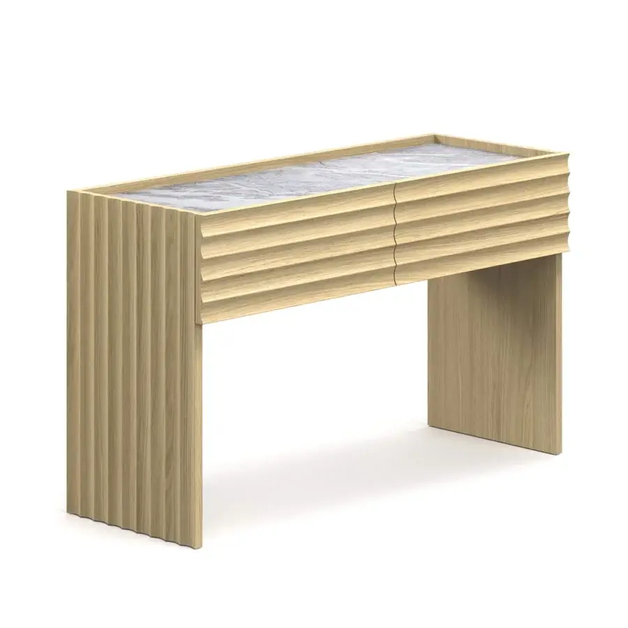 Exclusive Moroso Rows console built with oak veneer and grey-white marble, exhibiting a light-toned textured finish