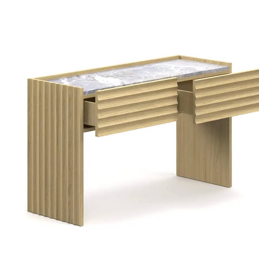 Superior Moroso Rows console crafted with oak veneer and a marble top exhibiting vertical groove detailing