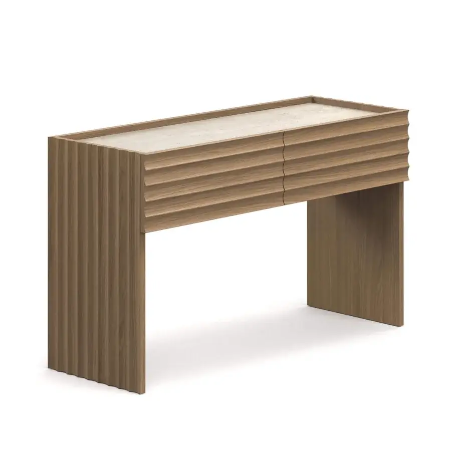 Distinctive Moroso Rows console crafted in Italy with oak veneer and horizontal, vertical grooves in a light to medium brown finish
