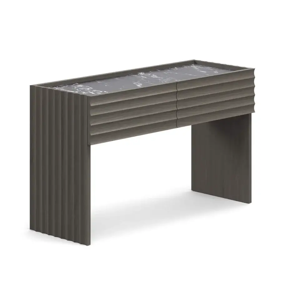 Exclusive Moroso Rows console in oak with marble, displaying a gray-toned brown finish and fluted detailing