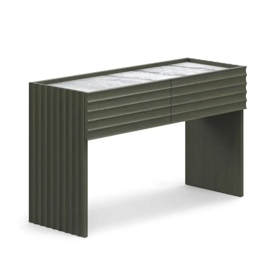 Superior Moroso Rows console crafted in veneered oak with a stone-like top and muted gray-green finish