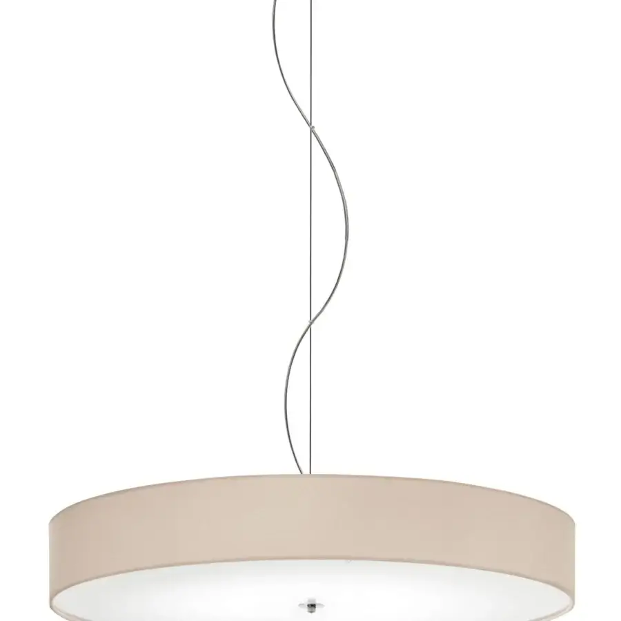 Exceptional Modo Luce Discovolante suspension lamp with a light beige textile disc and refined fabric belt in a matte finish