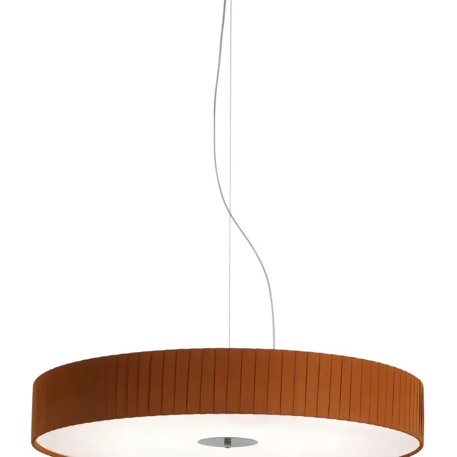 Elegant Modo Luce Discovolante suspension lamp with a warm brown pleated textile shade and silver cable