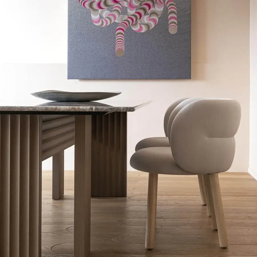 Distinguished Moroso Rows table with veneered oak structure in medium gray-brown matte finish expressing linear forms and symmetries