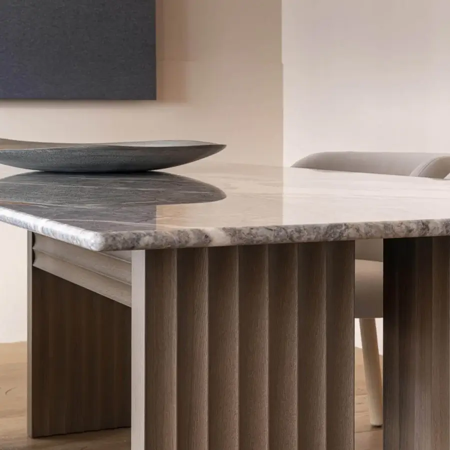 Exclusive Moroso Rows table with a glossy gray and white marble-like surface and medium brown veneered oak base