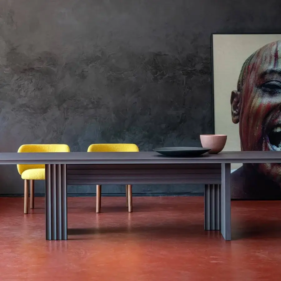 Distinguished Moroso Rows table with oak veneer and dark gray or brown finished vertical slat legs