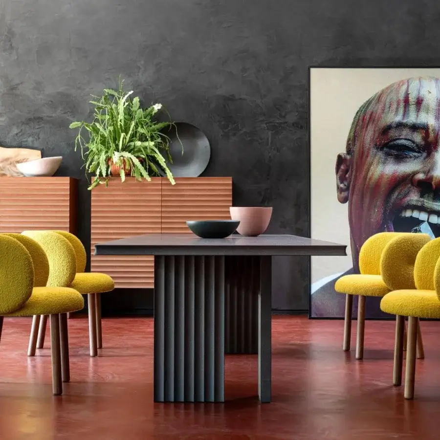 Exceptional Moroso Rows table with geometric silhouette crafted in dark gray oak veneer and matte finish