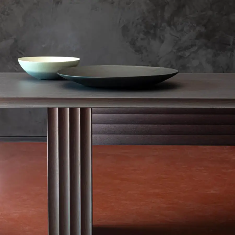 Distinguished Moroso Rows table crafted in veneered oak with dark brown matte finish and segmented legs