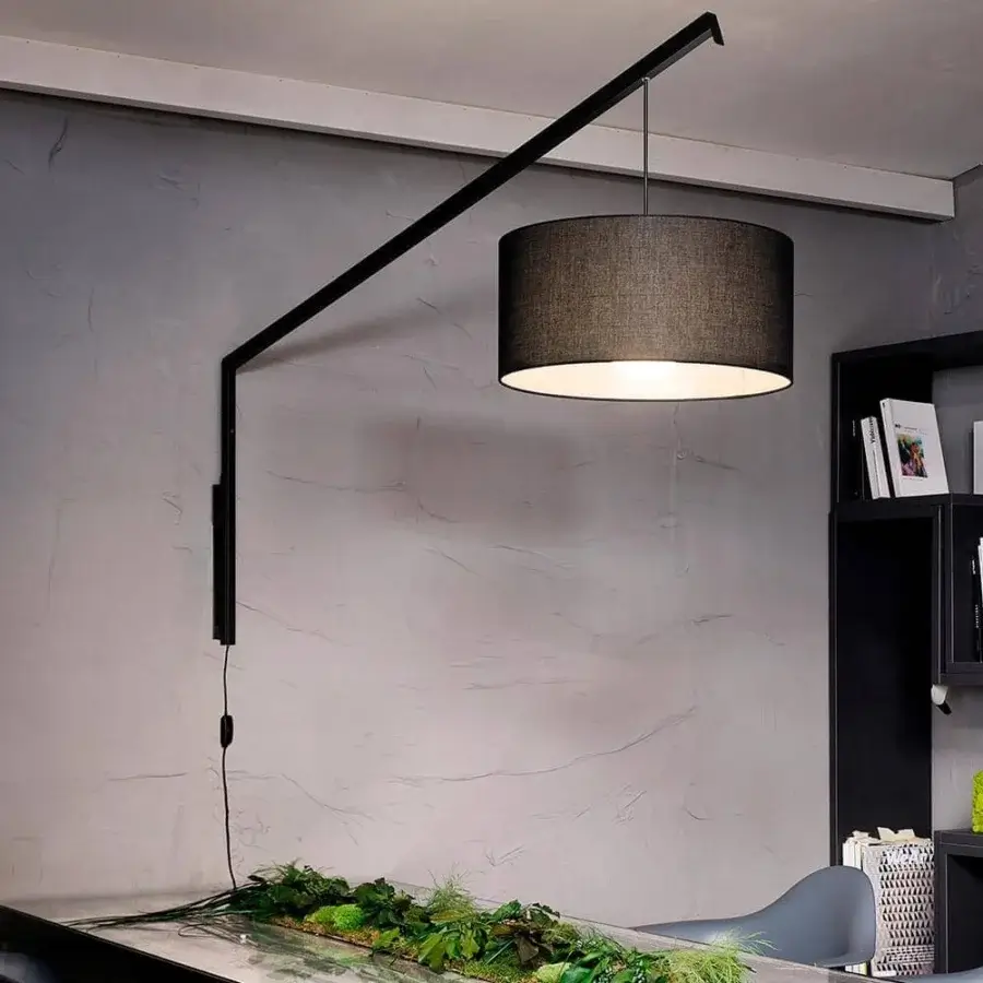 Superior Modo Luce Angelica wall lamp with a rotating cantilever arm and dark textile cylindrical lampshade crafted in painted metal