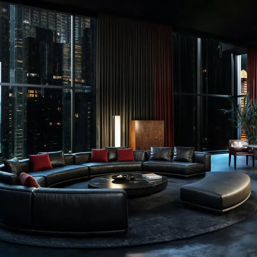 Exclusive WAYNE Enterprises WE-110 modular sofa upholstered in dark material with vibrant red cushions and lacquered base