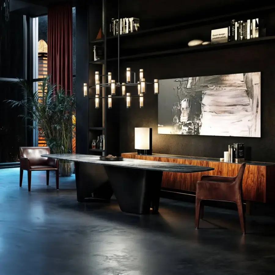 Exceptional WAYNE Enterprises WE-114 table with dark marble top and angular wood veneer base crafted in Italy