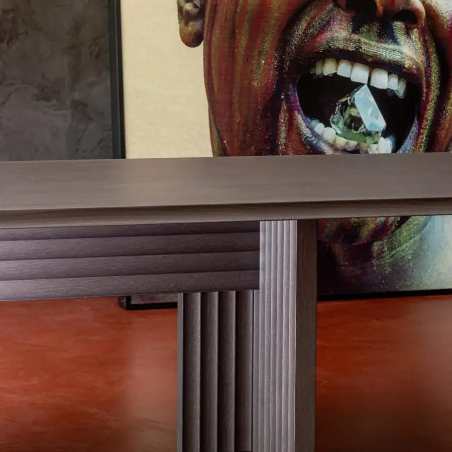 Distinguished Moroso Rows table crafted in Italy with oak veneer and fluted legs in a matte medium brown finish