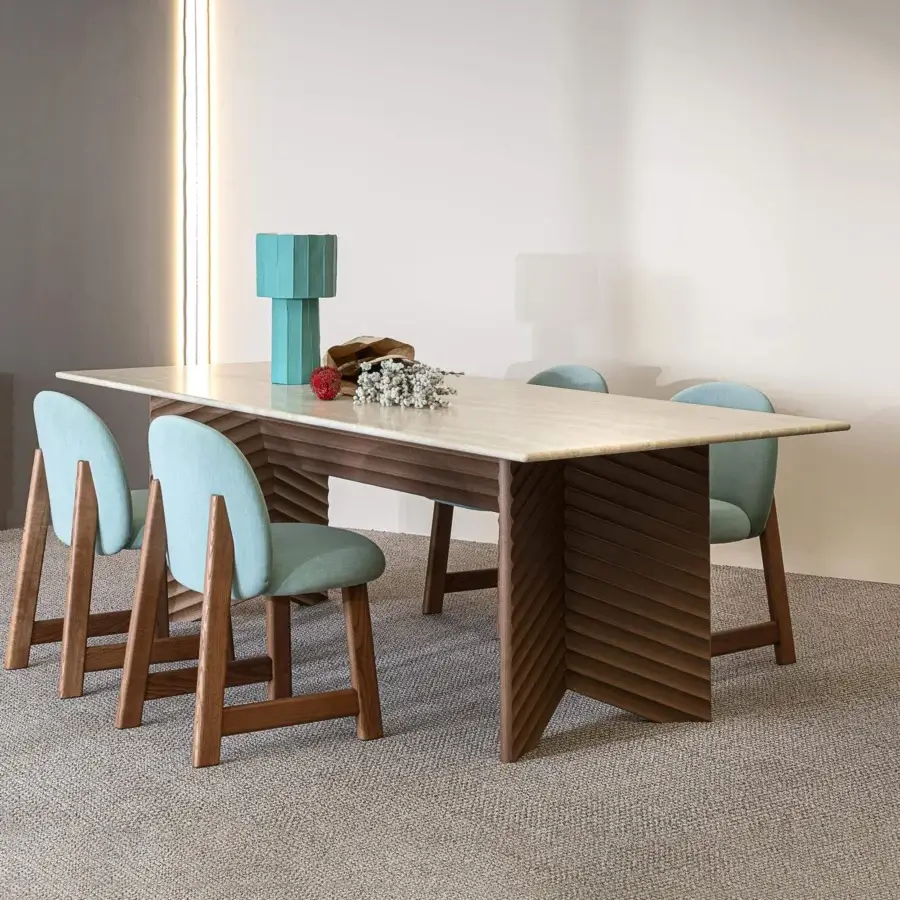 Exceptional Moroso Rows table showcasing a light stone top with a medium brown oak veneer base in a textured herringbone finish