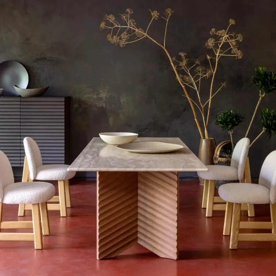 Distinguished Moroso Rows table exhibiting diagonal design with veneered oak and neutral stone-like tabletop