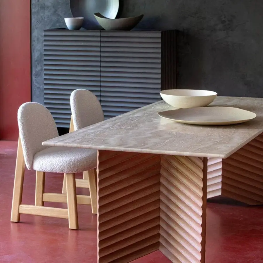 Exceptional Moroso Rows table exhibiting light beige and tan tones with a chevron veneered oak base crafted in Italy