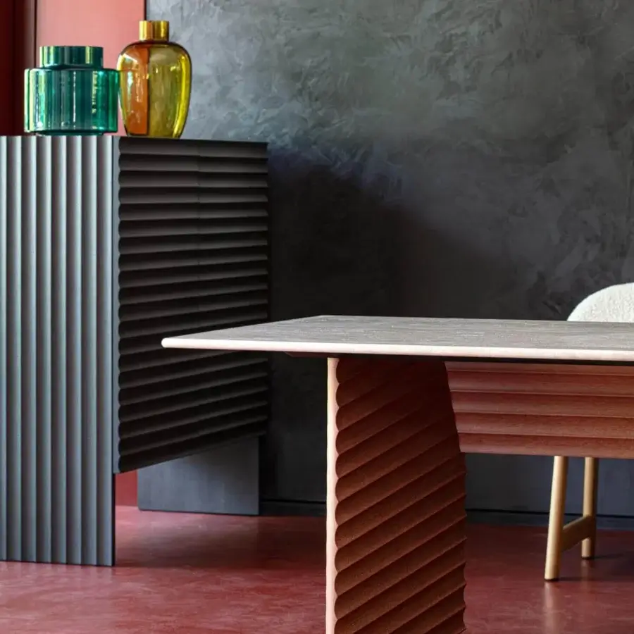 Superior Moroso Rows table exhibiting a light gray matte top with reddish-brown ridged veneered oak construction