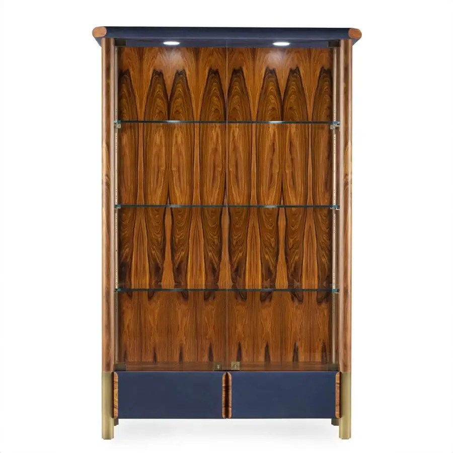 Refined Bellavista Aspen Showcase cabinet crafted with European wood veneer and blue leather drawers with brass feet
