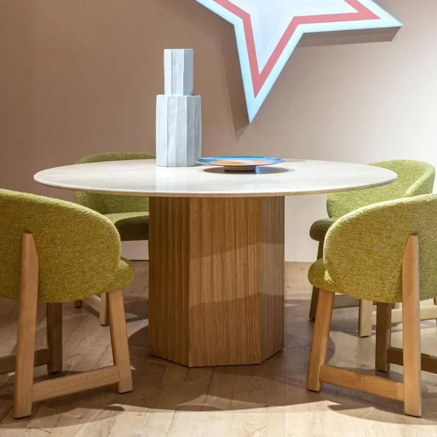 Exclusive Moroso Rows table with veneered oak base and light-toned wood top displaying geometrical design and Italian craftsmanship