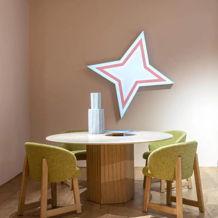 Distinguished Moroso Rows table with a light cream tabletop and segmented base crafted from MDF veneered oak