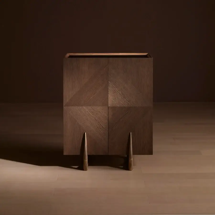 Refined Bellavista Chanel cupboard crafted in European wood with a matte finish and hand-refined hammered cast brass legs with Saddle-Leather detail