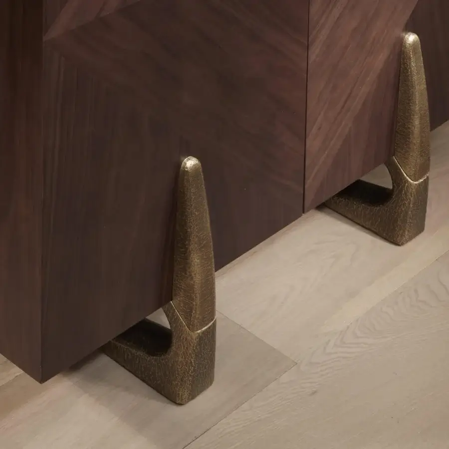 Superior Bellavista Chanel cupboard built in European woods with dark brown finish and hammered cast brass legs