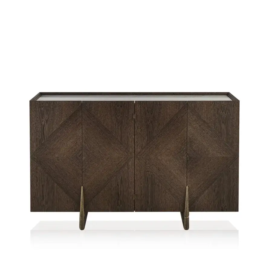 Distinguished Bellavista Chanel cupboard crafted in European wood with dark brown finish and hammered cast brass base