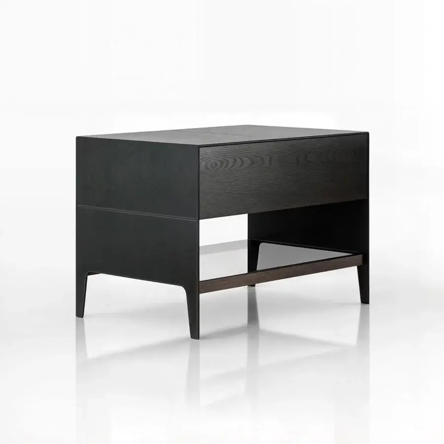 Exclusive Wayne Enterprises WE-108 nightstand with wood veneer, leather, reflective mirror, and sleek metal details crafted in Italy
